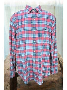 Vineyard Vines Mens Pink Plaid Classic Fit Tucker Shirt Large Linen Blend